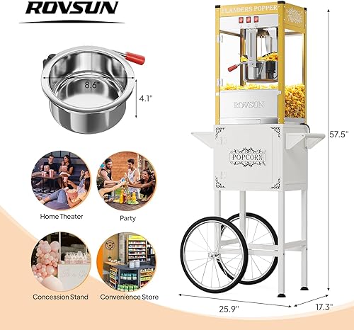 Miniatura 7 de ROVSUN Máquina de palomitas de maíz estilo cine con carrito y ruedas, hervidor de 10 onzas que hace hasta 4 galones para hacer palomitas de maíz con
