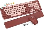 Wireless Keyboard and Mouse Combo - Retro Typewriter-Style Full-Size Keyboard with Round Keycaps, Detachable Wrist Rest, Foldable Legs, 2.4GHz Wireless for Windows/Mac/PC/Laptop (Ombre Pink)