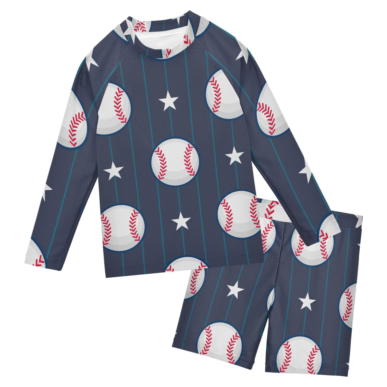 Aflyko Boys' Rash Guard Set Baseball Star Crewneck Swim Shirt with Jammer Stretchy Beach Shorts Comfortable Fit Summer Daily Wear, 7-8T