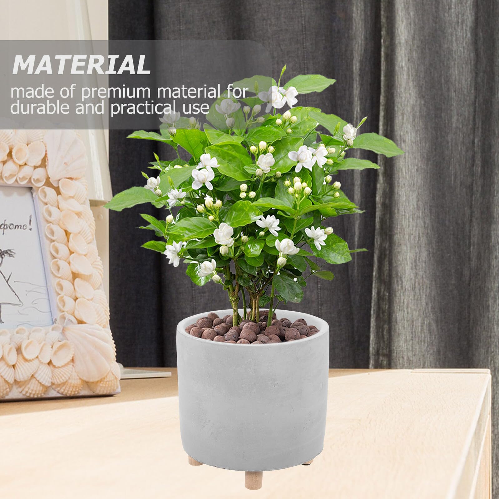 COLLBATH Pot de Fleurs Ciment Simple et Créatif Pot de Plante Décoratif Intérieur avec Bois Drainage Décoration Naturelle pour Maison et Jardin