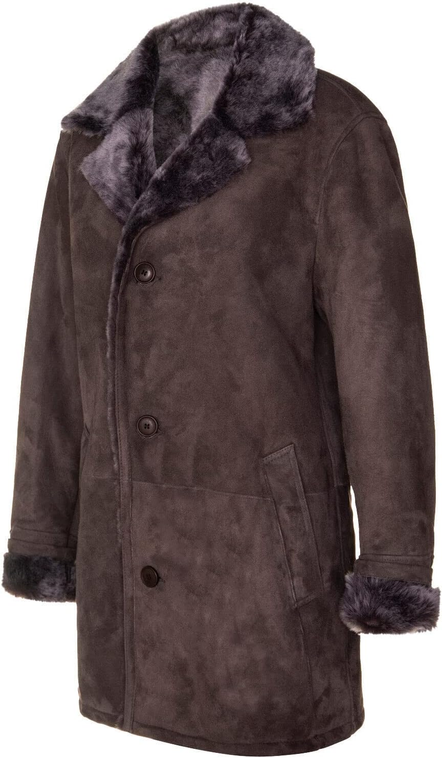 Men's Brown Sheepskin Real Shearling Classic Suede Leather Pea Coat