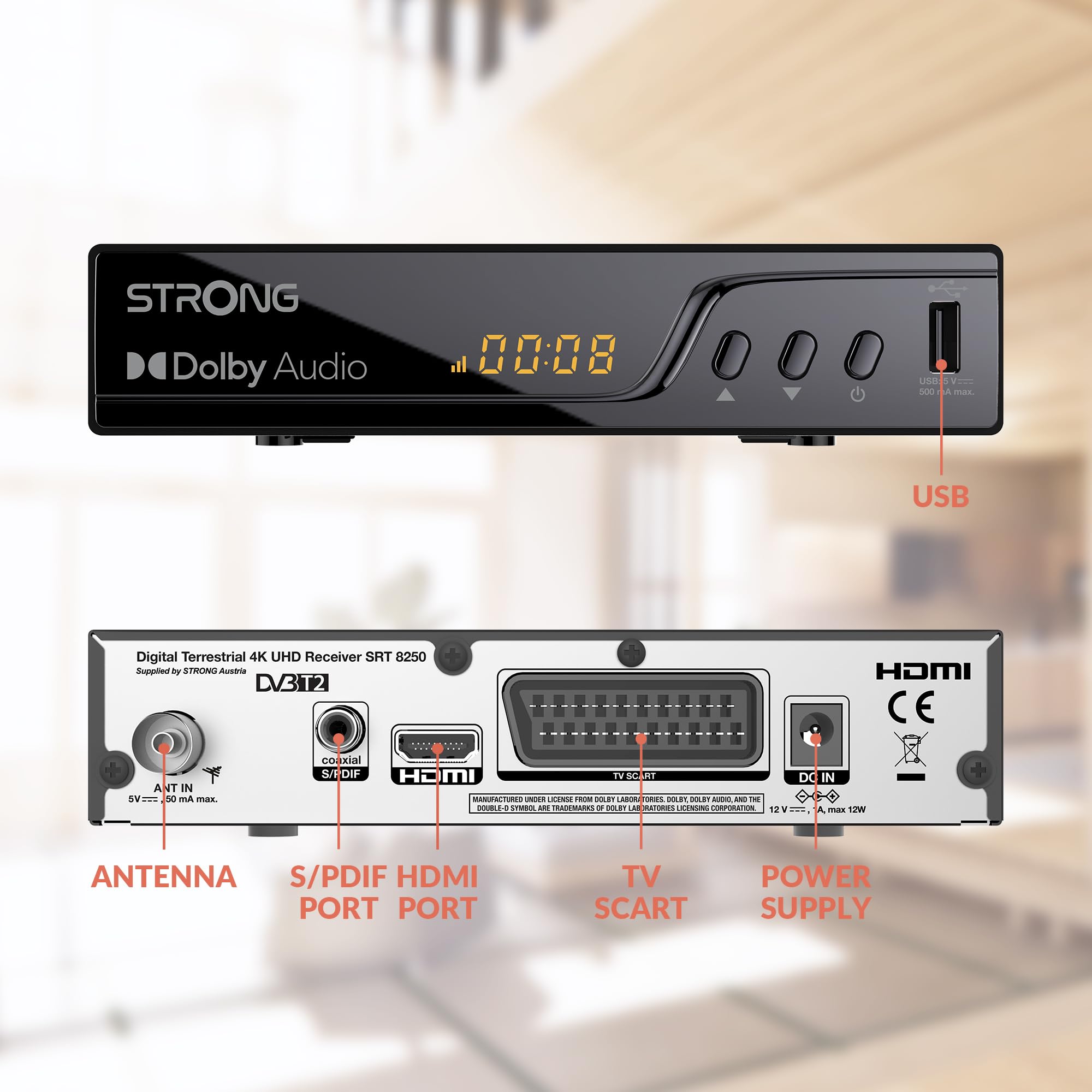 STRONG Dekoder TNT UHD 4K|DVB-T2|Kompatybilny z HEVC265|Odbiornik/Tuner TV Rejestrator USB|DOLBY Digital Plus|HDMI|SCART