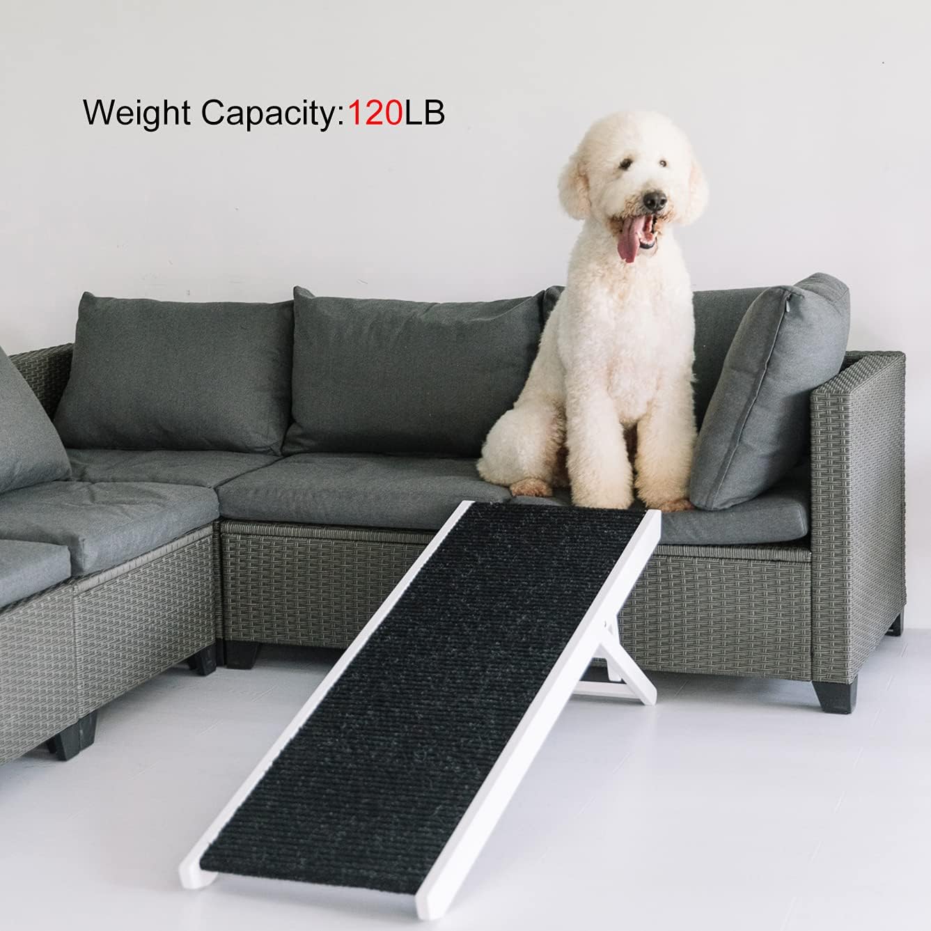 MEWANG 23.2" Tall Adjustable Pet Ramp for All Dog & Cat - Wooden Folding Portable Ramp Perfect for Bed and Car - Non Slip Carpet Surface 4 Levels Height Adjustable Ramp Up to 120 Pounds