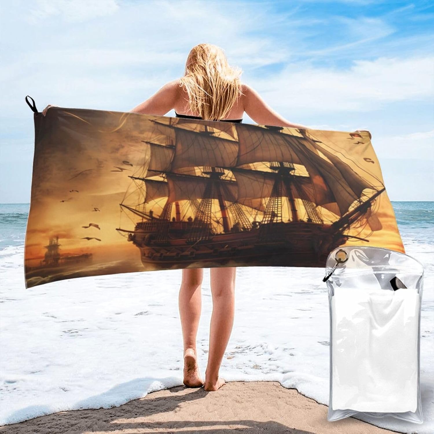 Beach Towel Nautical Sailing Pirate Theme Microfiber Quick Dry Towel for Swimming Oversized Absorbent Bath Towels Beach Accessories Pool Towels for Gym Yoga Travel Sports Camping 27.5″x55″