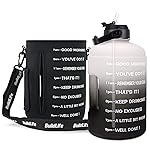 QuiFit 1 Gallon Water Bottle - with Straw & Motivational Time Marker Leak-Proof BPA Free Reusable Gym Sports Outdoor Large(128OZ) Capacity Water Jug(Gray/Black with Sleeve,1 Gallon)