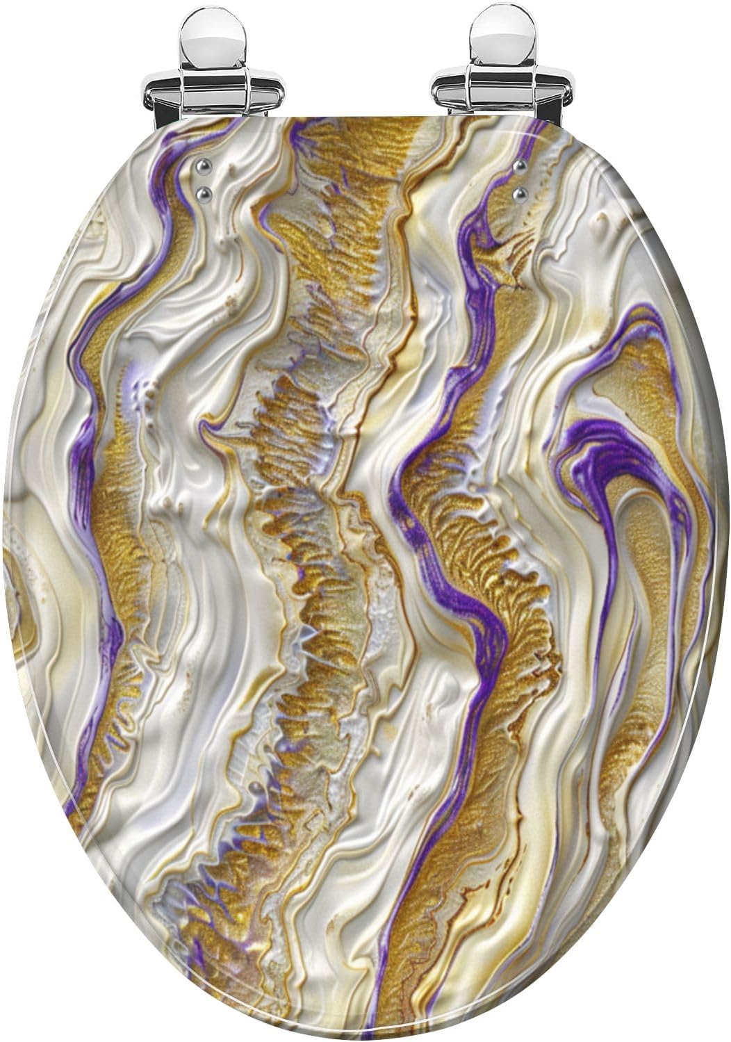 Elongated Toilet Seat White Marble Surface Gold Purple Veins Illustration Resin Toilet Seat Quietly Close Quick Release Hinges Decorative Toilet Seat with Cover Easy to Install