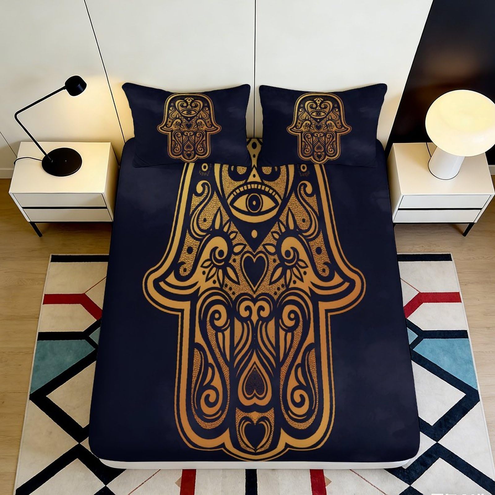 3D Printed Hamsa Hand Fitted Sheet Microfiber Soft Breathable Evil Eye Bed Cover for Bedroom Dorm Decor Mattress Protection 90x200x25cm
