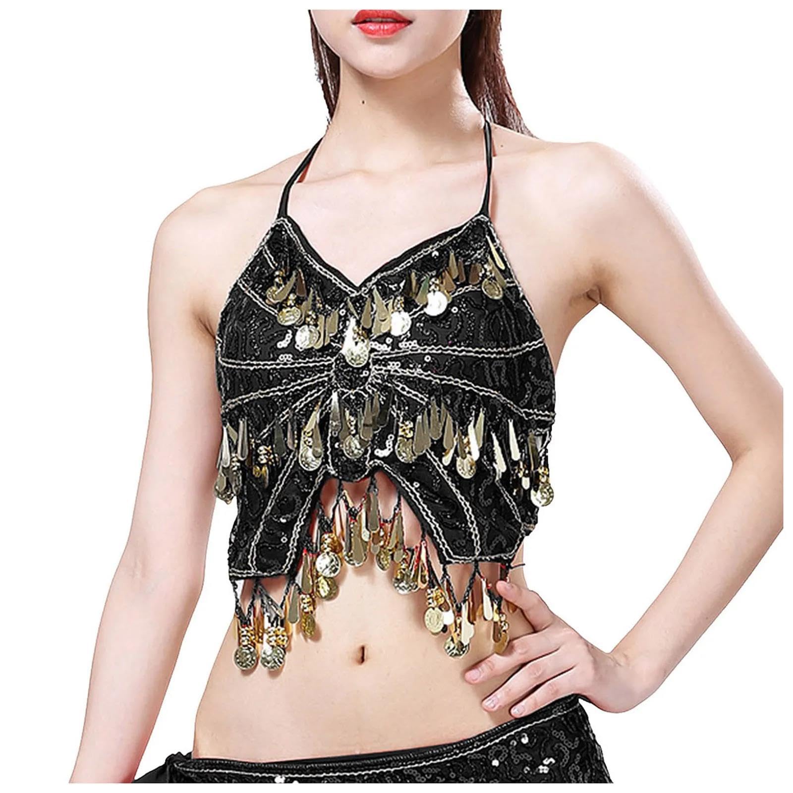 Reggiseno da donna con paillettes glitterate e frange top con nappe scintillanti crop top per danza del ventre, rave, Clubwear gilet