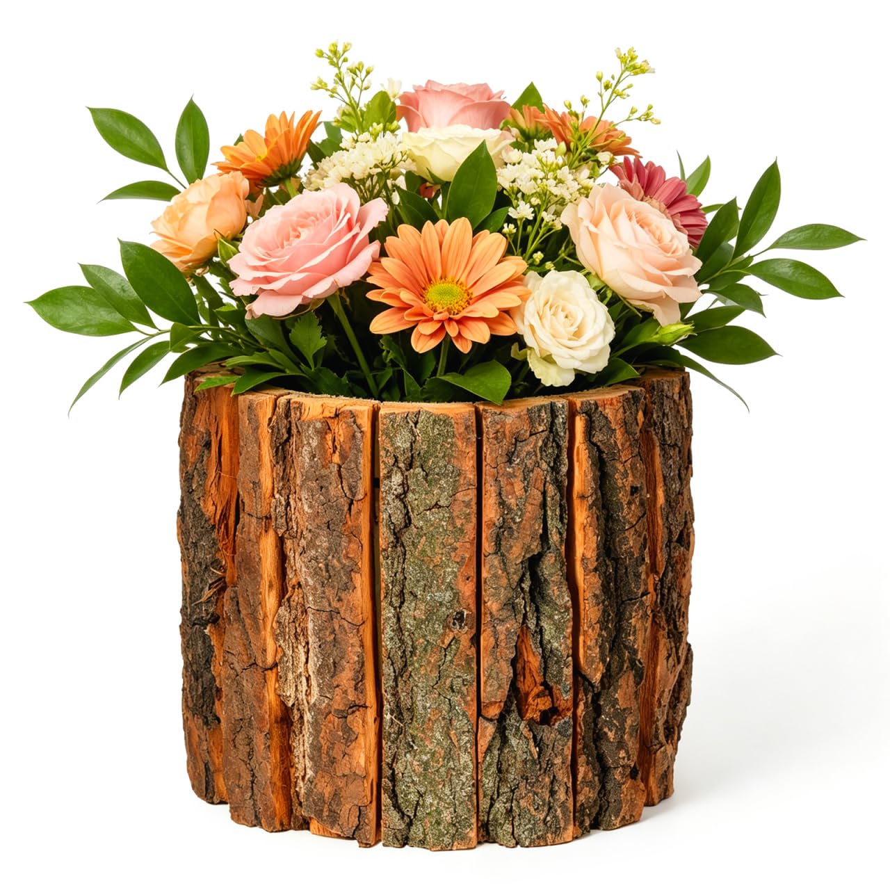 Veemoon Rustic Wood Bark Flower Pot Large 17Cm Inner Diameter Wooden Bucket Planter Vintage Tree Stump Vase for Indoor Outdoor Home Decor and Succulent Planting