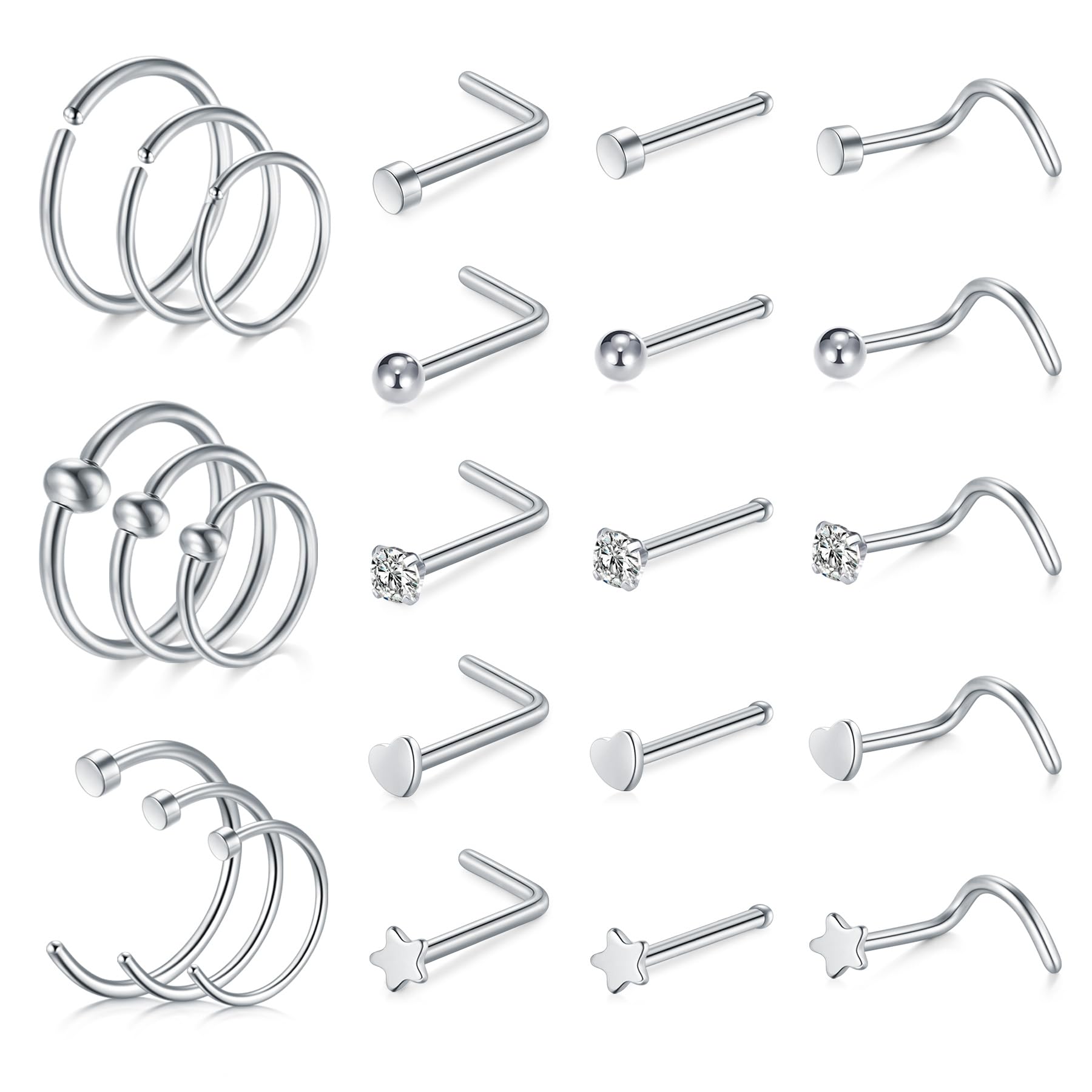 AVYRING Nose Rings Hypoallergenic Stainless Steel L-Shaped Nose Stud Screws with Cubic Zirconia Nose Piercing Jewellery 22G 20G 18G, Pack of 18 Pieces or 24 Pieces — view 16