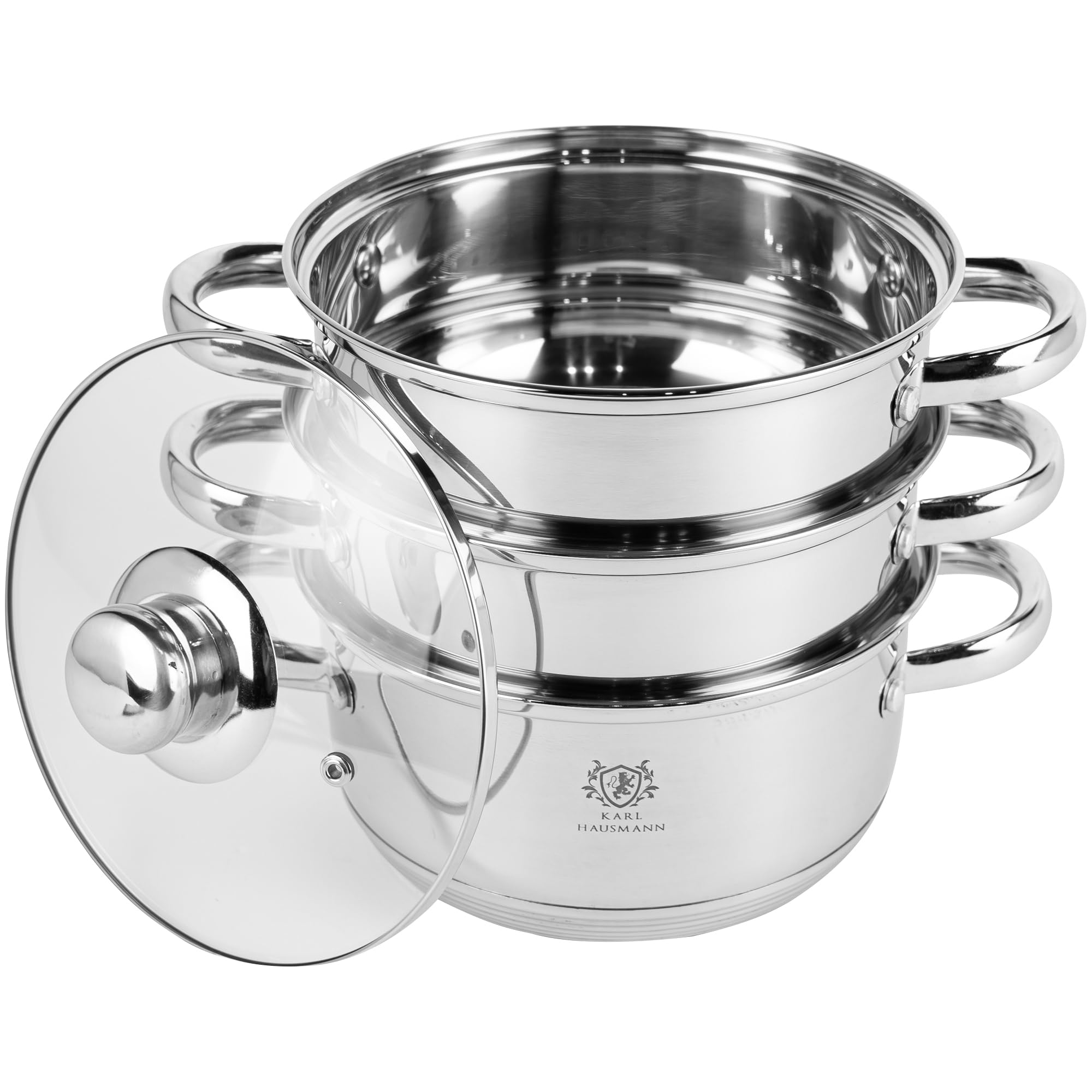 KARL HAUSMANN Cuiseur Vapeur 2,4L 18 cm - Cuit Vapeur Inox Pour Induction, Marmite Vapeur 3 Niveaux Avec Couvercle En Verre, Cuisson Vapeur Pour Légumes, Poisson, Raviolis Et Pommes De Terre