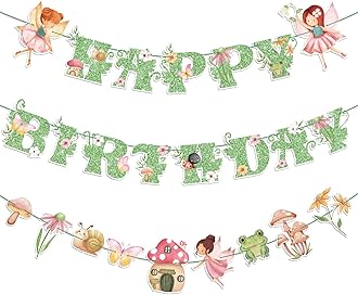 3 Pcs Fairy Birthday Party Decorations Green Glitter Happy Birthday Banner Colorful Hanging Decor Funny Banner Cutout Garland for Themed Decorations Bridal Shower Garden Party Supplies