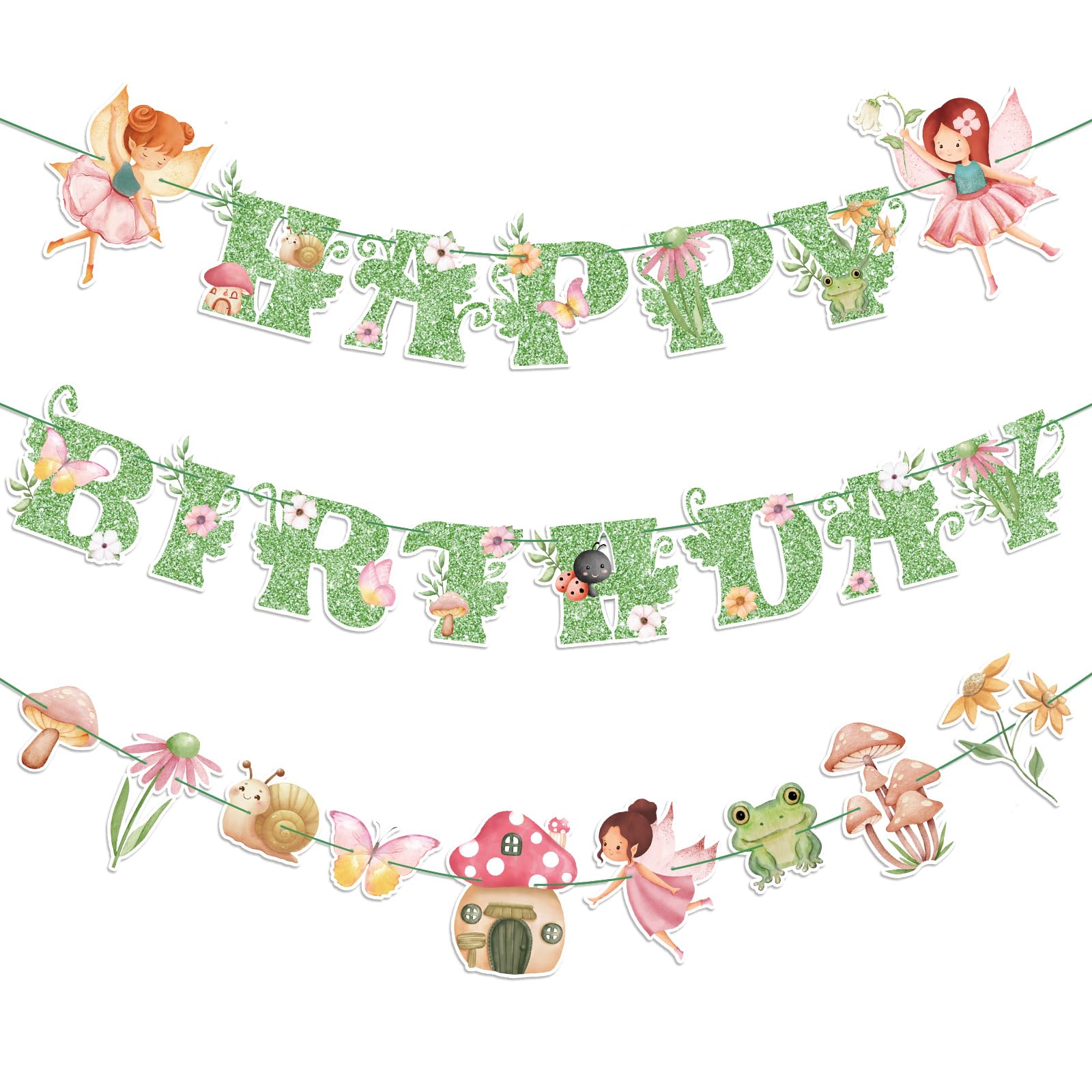 3 Pcs Fairy Birthday Party Decorations Green Glitter Happy Birthday Banner Colorful Hanging Decor Funny Banner Cutout Garland for Themed Decorations Bridal Shower Garden Party Supplies