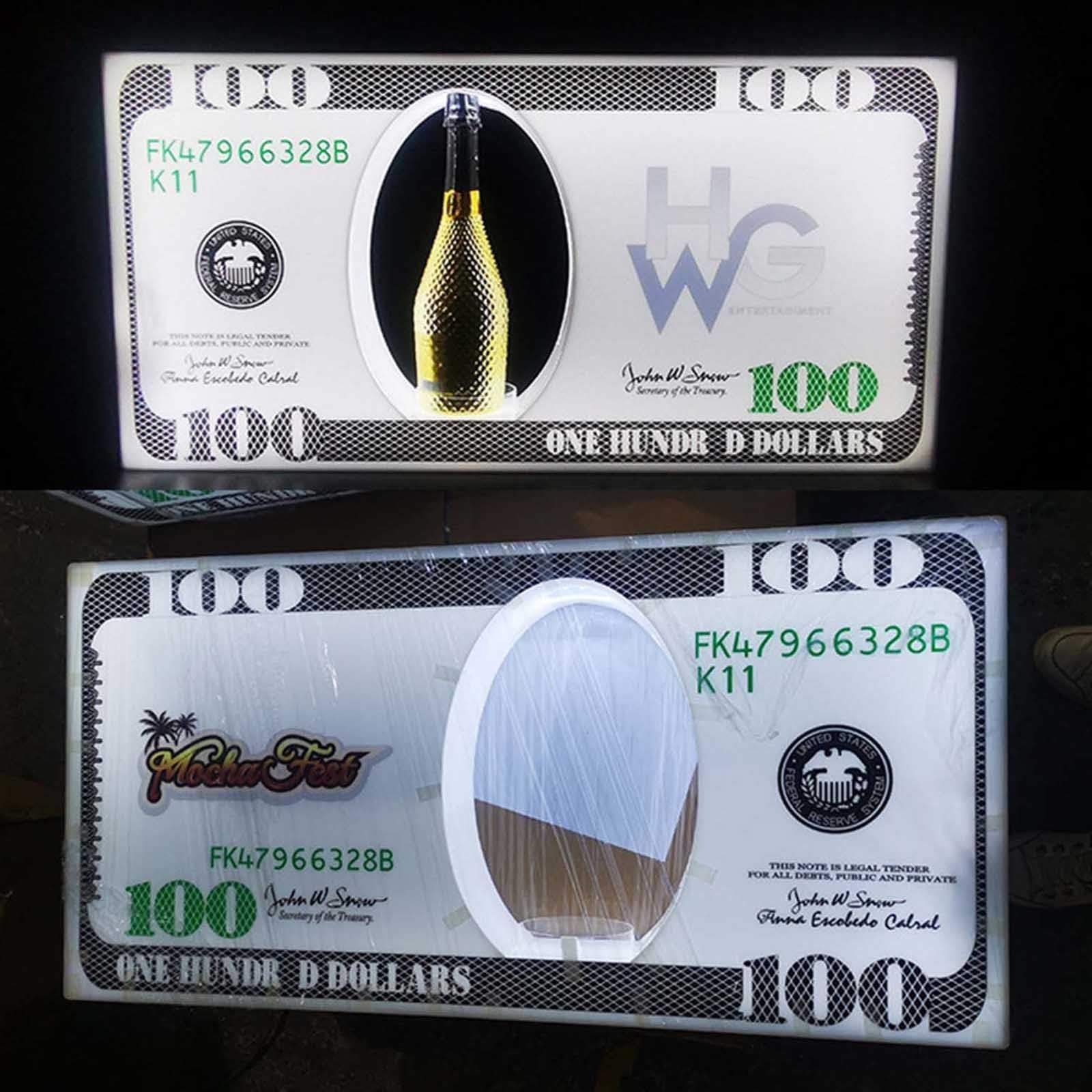 Display LED ricaricabile per bottiglie di champagne con barra luminosa e aspetto da 100 banconote, ideale per discoteca, villa e segnaletica VIP per feste private