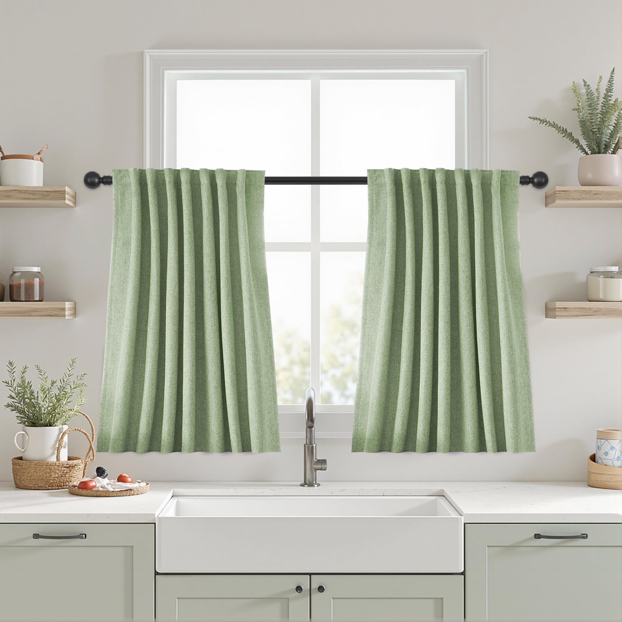 UHITECH Black Out Curtains 36 Inch Long for Bedroom 2 Panels Set Linen Textured Thermal Sage Green Curtain for Living Room Darkening for Small Windows