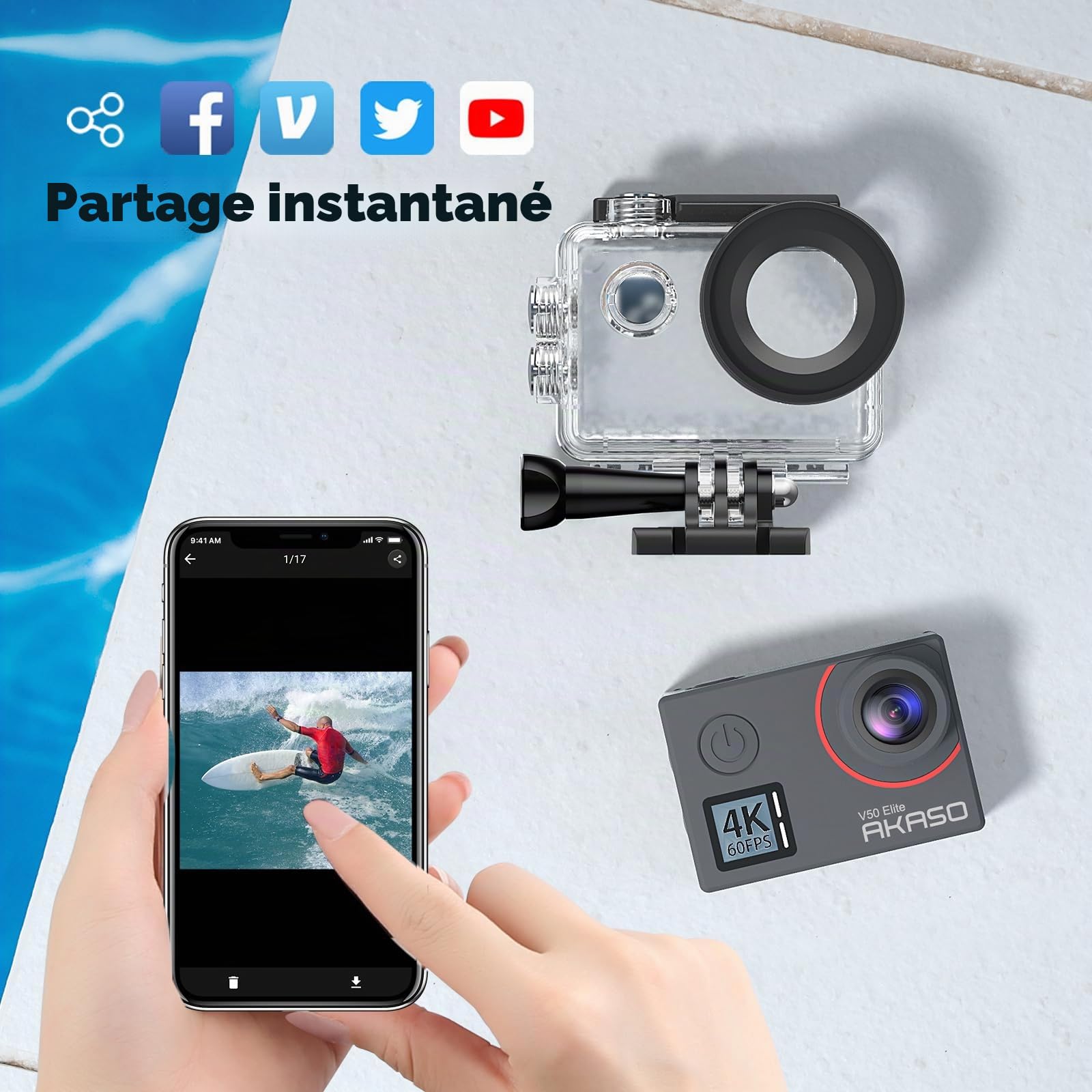 AKASO V50 Elite Caméra Sport 4K 60fps 20MP WiFi Etanche EIS 8X Zoom 2 Batteries