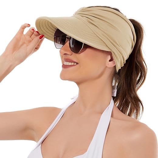 Sun Hats for Women Wide Brim Summer Hat with UV Protection Beach Sport Golf Sun Visor Cap with Ponytail Hole Navy
