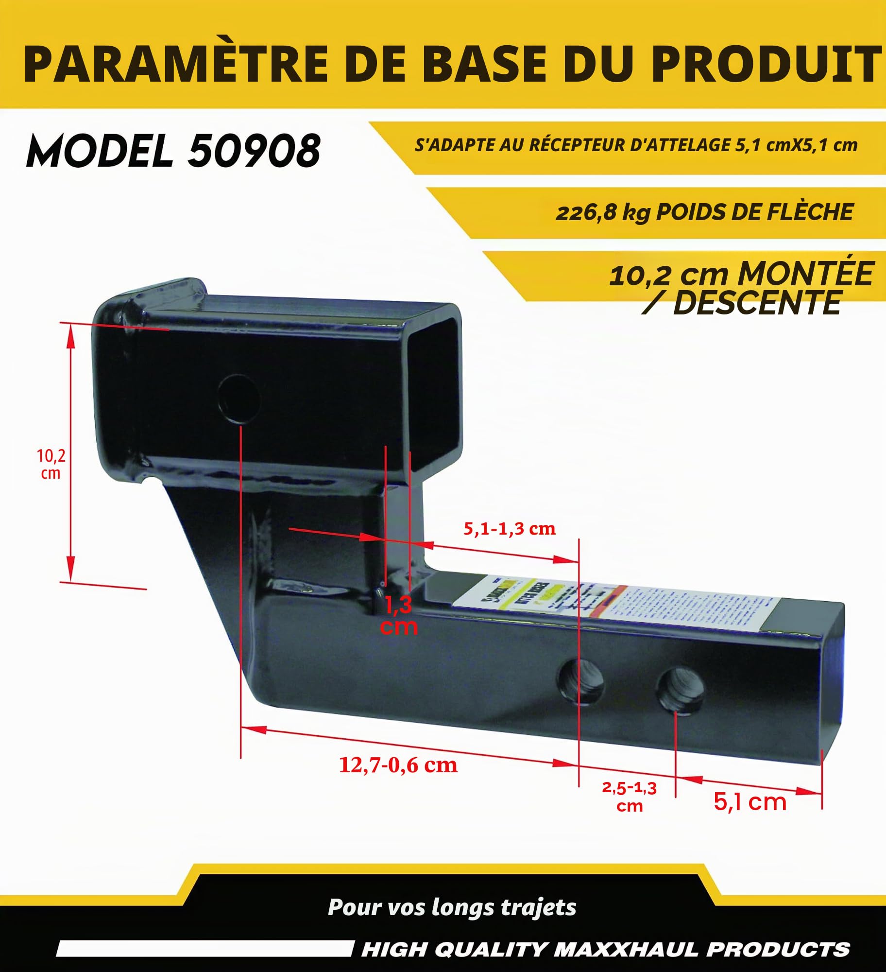 MaxxHaul 50908 Rehausseur d'attelage de remorque pour récepteur de 5,1 cm avec élévation et Chute de 10,2 cm avec Arbre Solide, avec 2 goupilles d'attelage