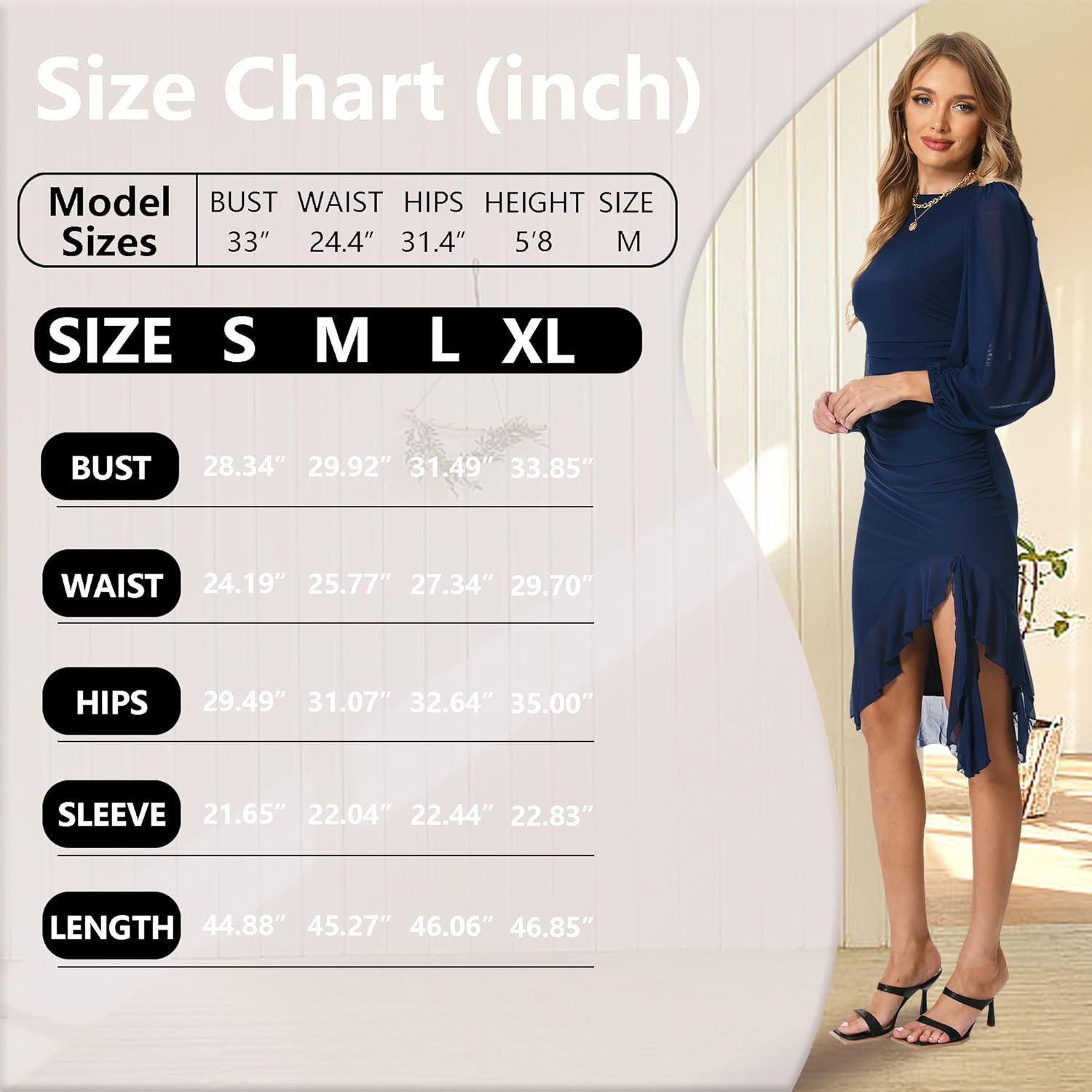 Women's Bodycon Midi Dress Fall Long Sleeve Ruched Ruffle Hem Mermaid Cocktail Wedding Guest Dresses - Image 6