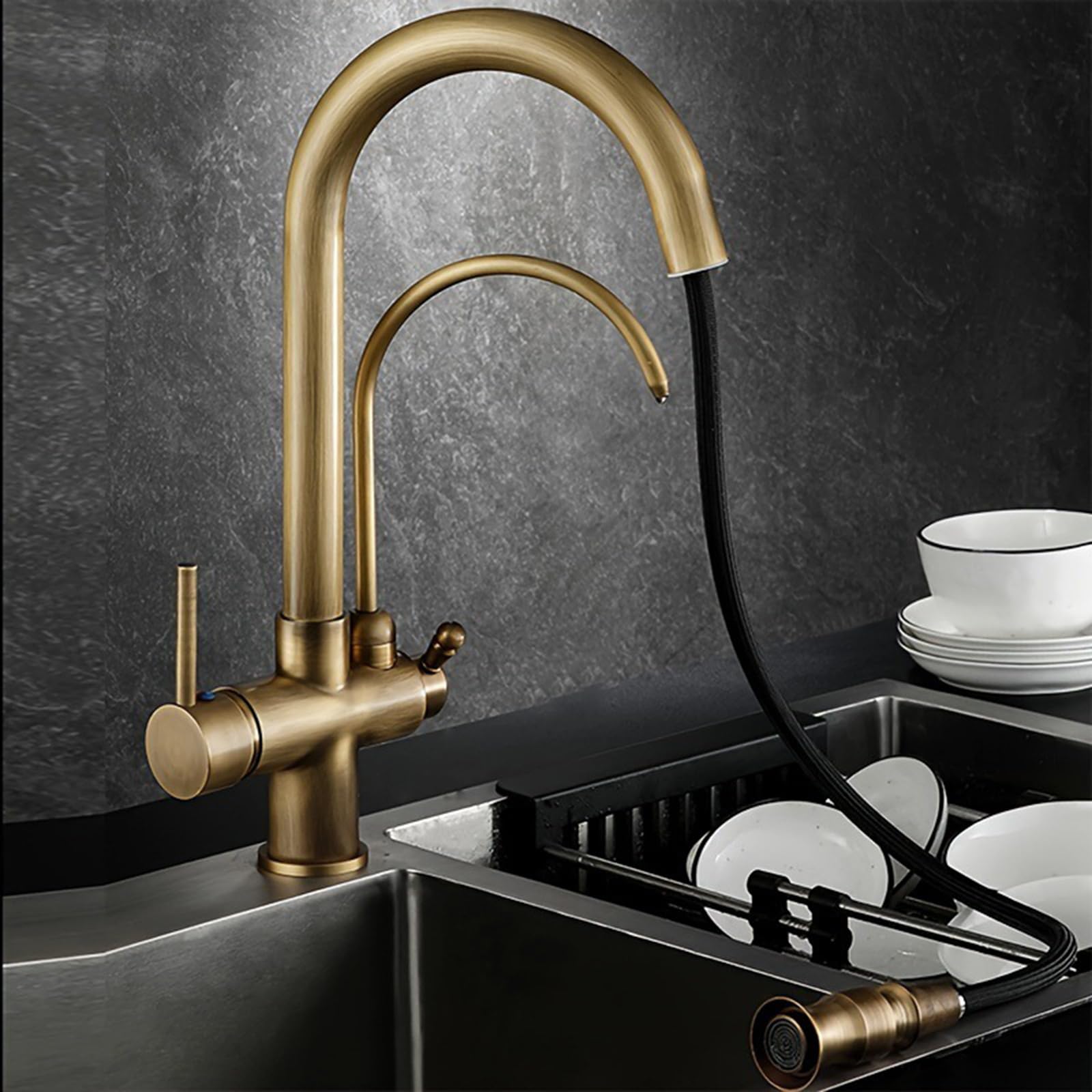 Grifo de Cocina Osmosis 3 Vias Extraible Latón Grifo Osmosis 3 Vias Giratorio 2 Asas-Antigüedad