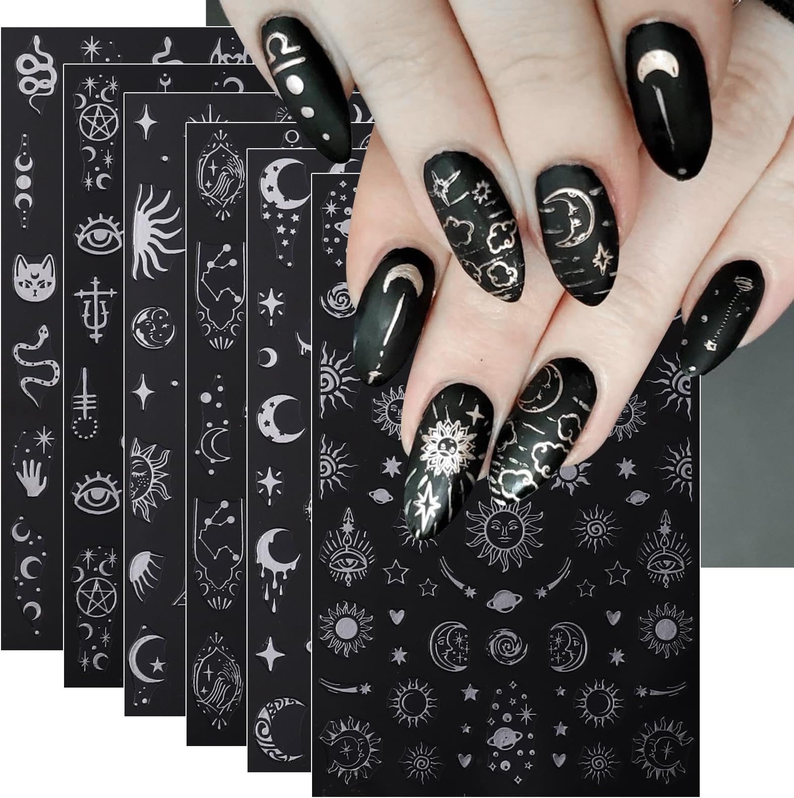 JMEOWIO 8 Sheets Moon Star Sun Nail Art Stickers Decals Self-Adhesive Silver Nail Supplies Nail Art Design Decoration Accessories