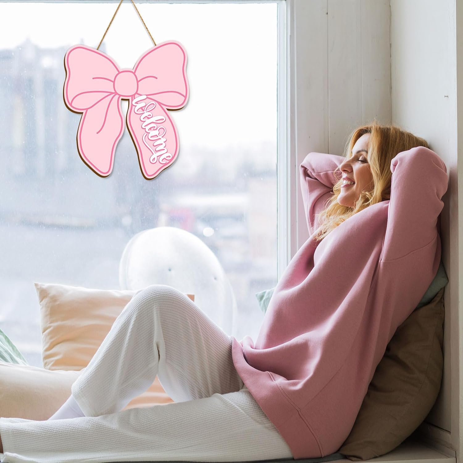 Mandala Soul Pink Bow Wooden Hanging Sign Cute Coquette Bow Welcome Wood Sign Bowknot Door Decor Sign for Indoor Outdoor Porch Wall 1