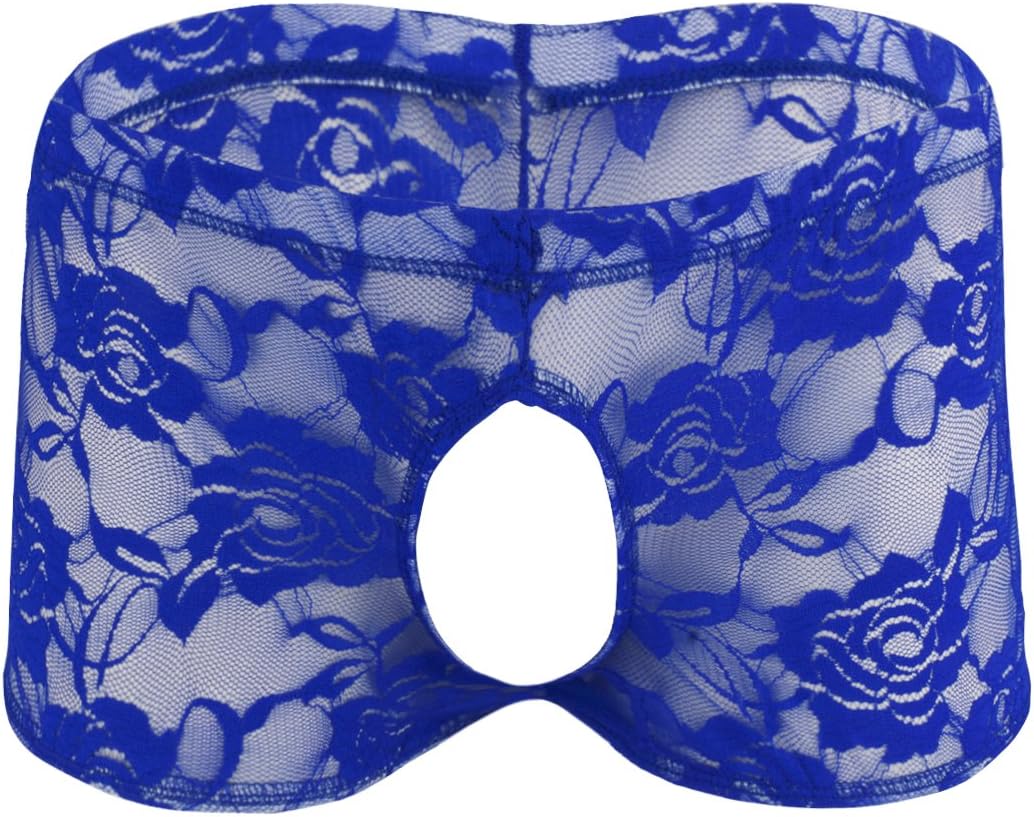 Kaerm Men See Through Floral Lace Boxer Shorts Open Front Hot Pants Lingerie Nightwear Underwear