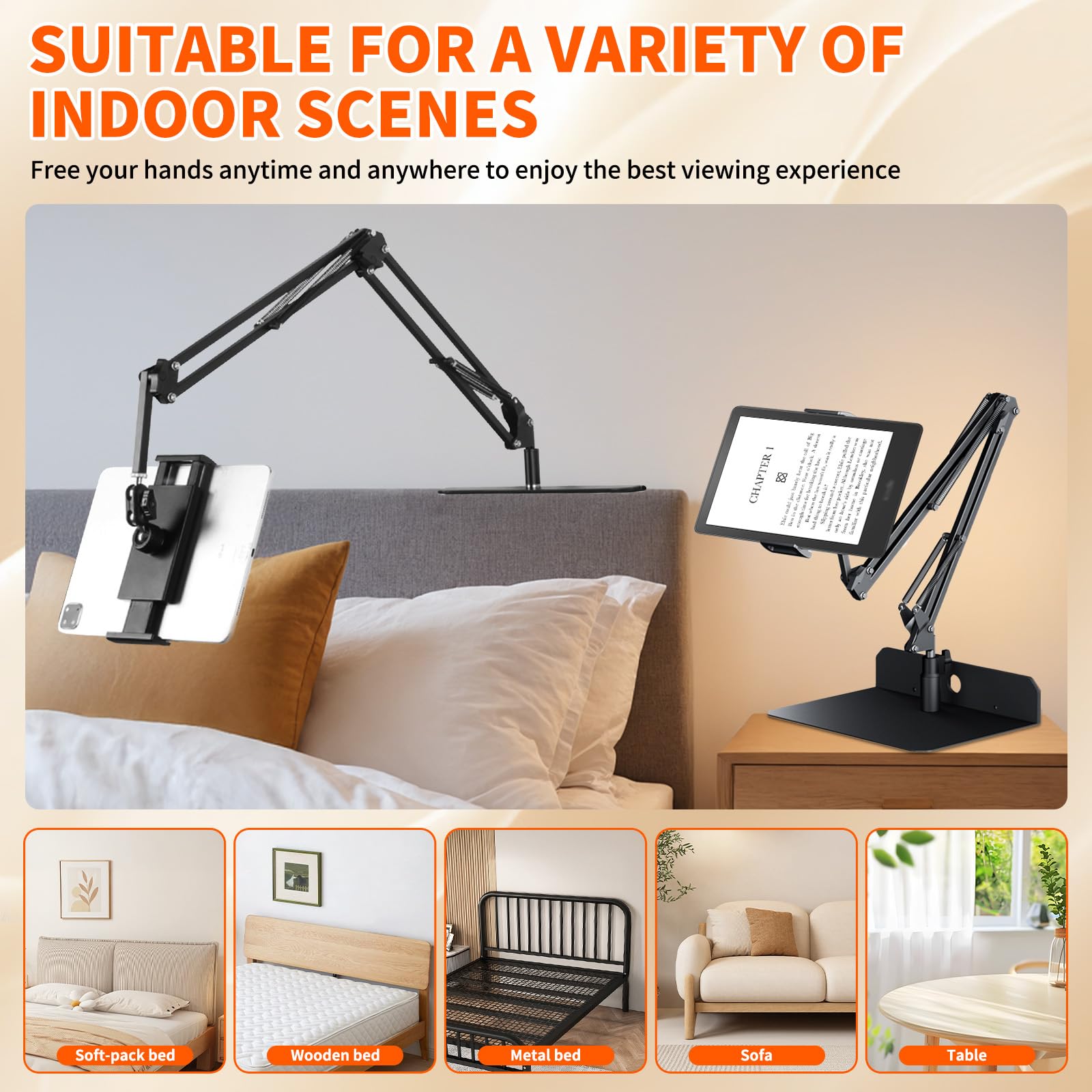 Supporto per tablet senza mano, per letto e divano, con braccio lungo regolabile, pieghevole, in metallo per Kindle, tablet, iPad e cellulare, design nascosto, nessun danno ai mobili (90 cm)
