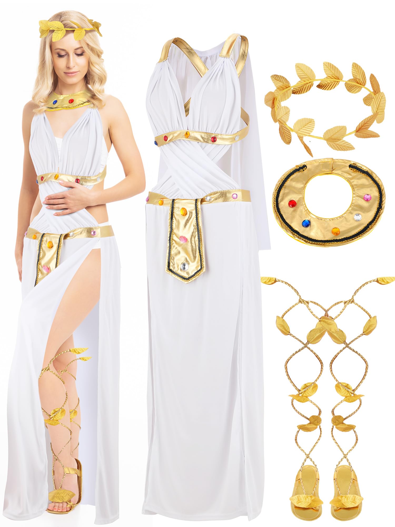 Liitrsh 3 Pcs Halloween Greek Goddess Costume Set Including Gold Bodysuit Costume Gold Laurel Wreath Adult Goddess Sandals for Women Cosplay Party Decoration, M Size