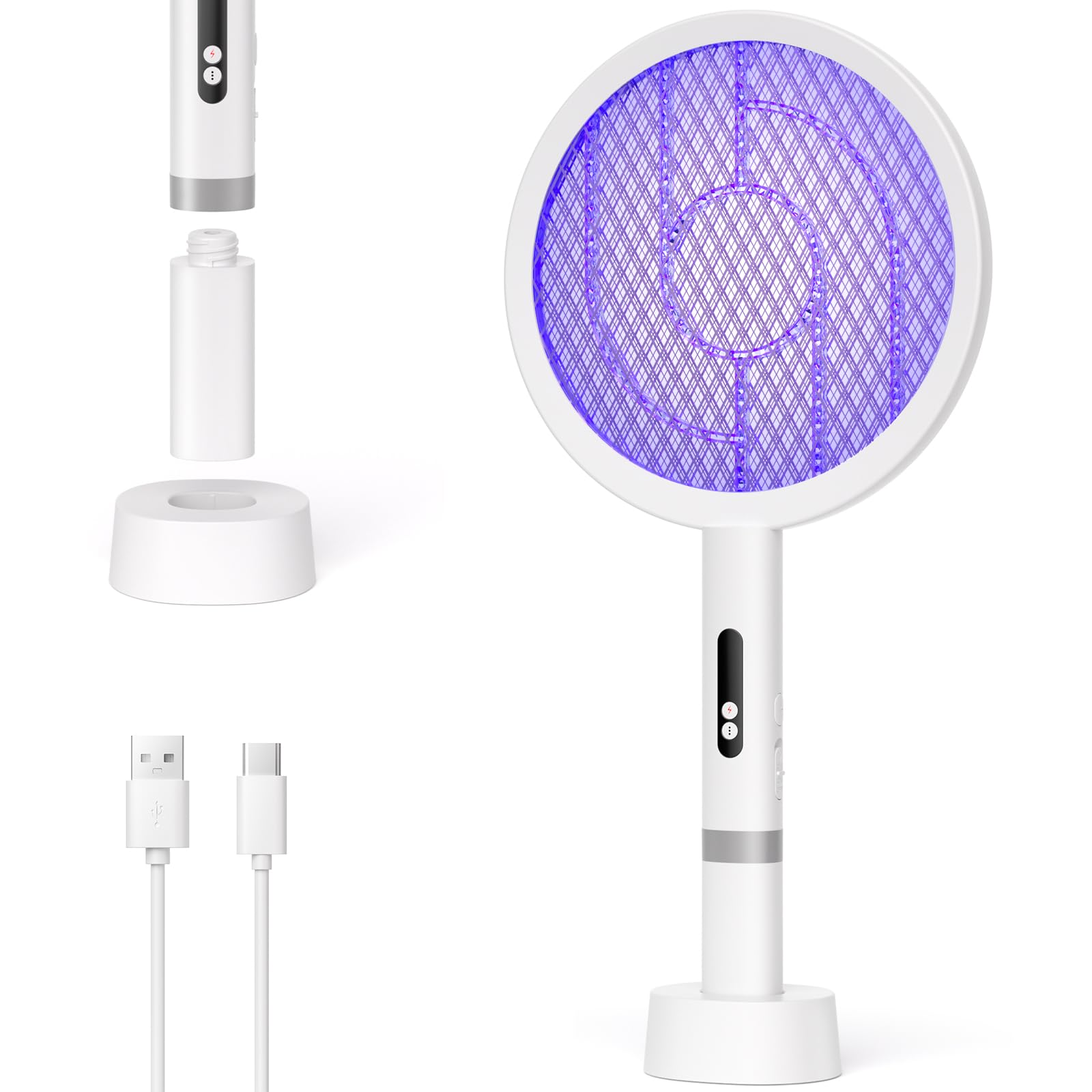 YISSVIC Racchetta Zanzare Elettrica, Racchetta Anti Insetti, 1800mah, Paletta Potente 4000V, Base Ricaricabile, Ricarica USB-C Contro Zanzare, Falene Volanti, Bianco