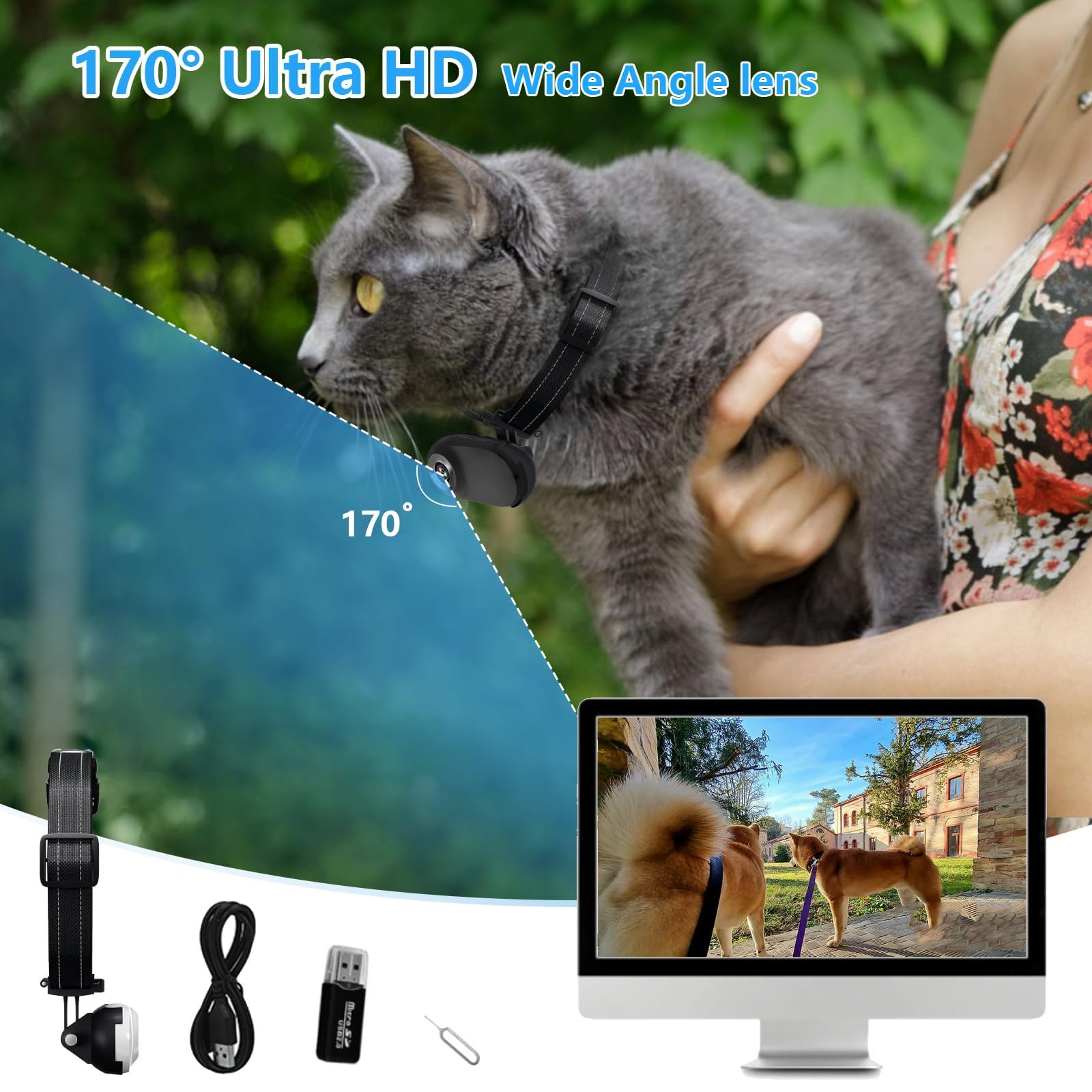 Obroża z kamerą dla kota HD 1080P z nagrywaniem wideo Bezprzewodowa mini kamera sportowa,małe kamery akcji,kamera ciała do artykułów/rzeczy dla zwierząt,na zewnątrz/Inoor