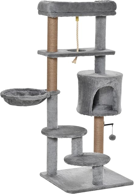PawHut Cat Tree Tower for Indoor Cats 120cm Climbing Kitten Activity Center with Jute Scratching Post Perch Hanging Ball Hammock Teasing Rope Condo Toy Light Grey