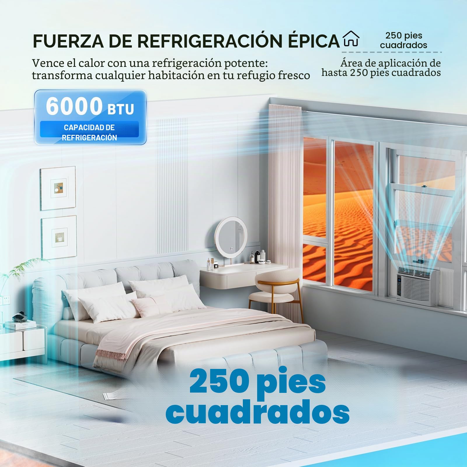 ROVSUN Aire acondicionado para ventanas, 6000 BTU, control remoto y temporizador, ideal para habitaciones de hasta 250 metros cuadrados, 110 V/60 Hz, blanco