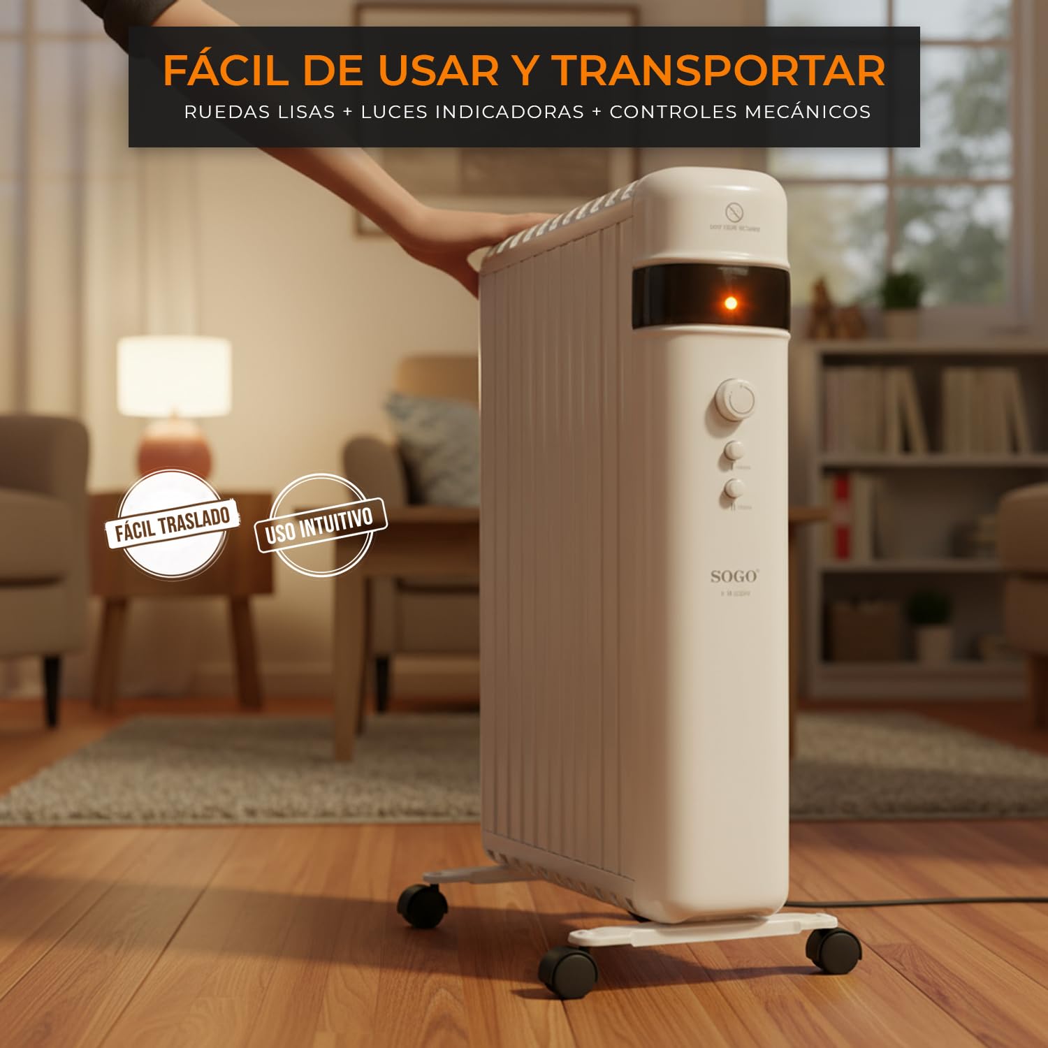 SOGO Calefactor Eléctrico Bajo Consumo Silencioso con Termostato Ajustable - Estufa Eléctrica sin Aceite 2000W con Protección Sobrecalentamiento - Radiador Portátil para Hogar, Oficina, Dormitorio