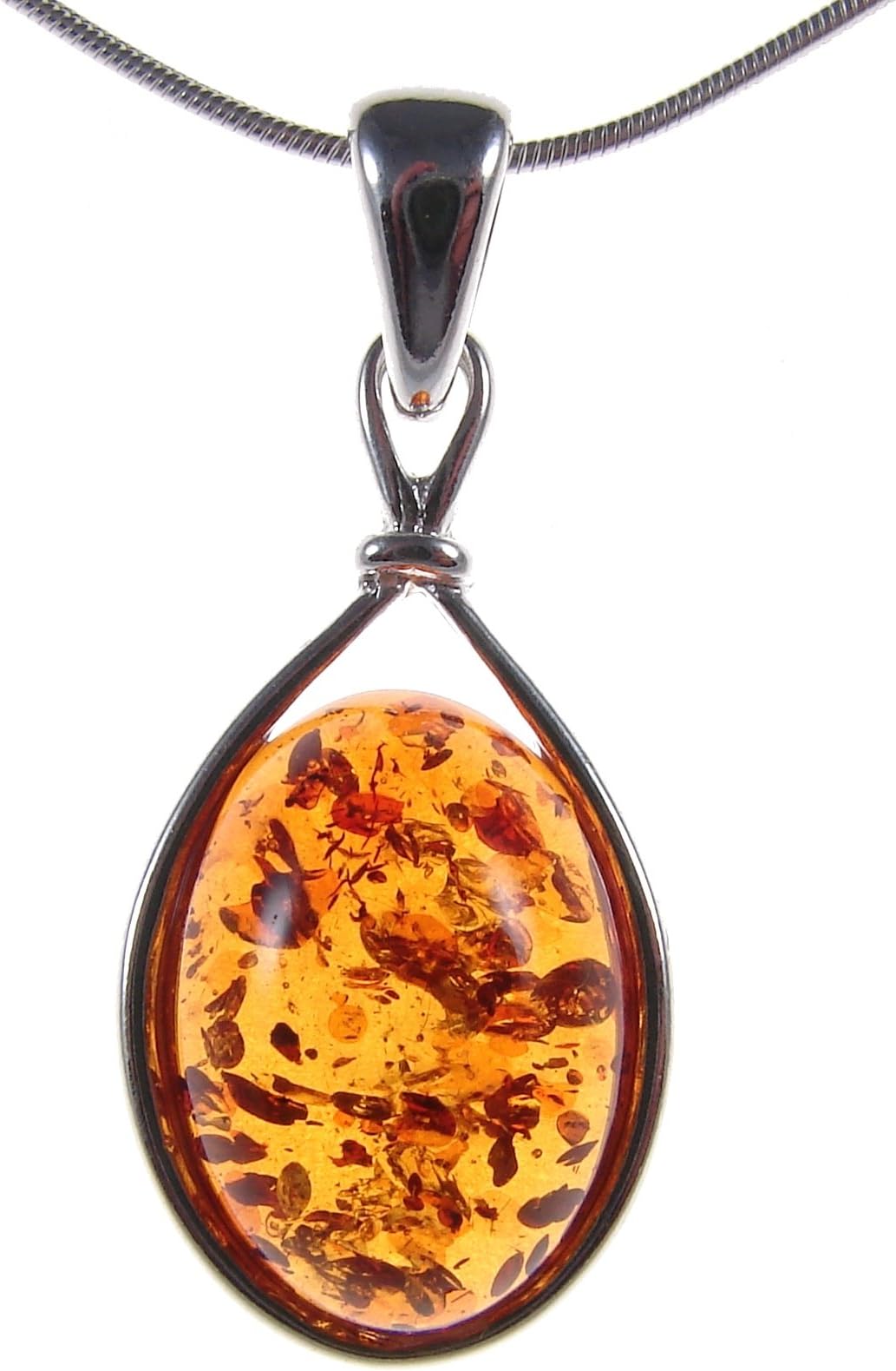 BALTIC AMBER AND STERLING SILVER 925 OVAL PENDANT NECKLACE - 10 12 14 16 18 20 22 24 26 28 30 32 34 36 38 40" 1mm ITALIAN SNAKE CHAIN