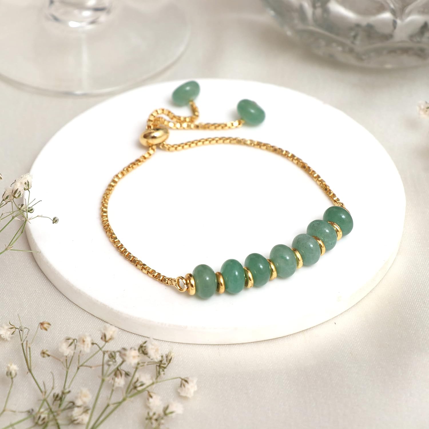 Gempires Natural Roundelle Beads Bracelet, 14k Yellow Gold Plated Handmade Jewerly, Adjustable Bracelets For Women