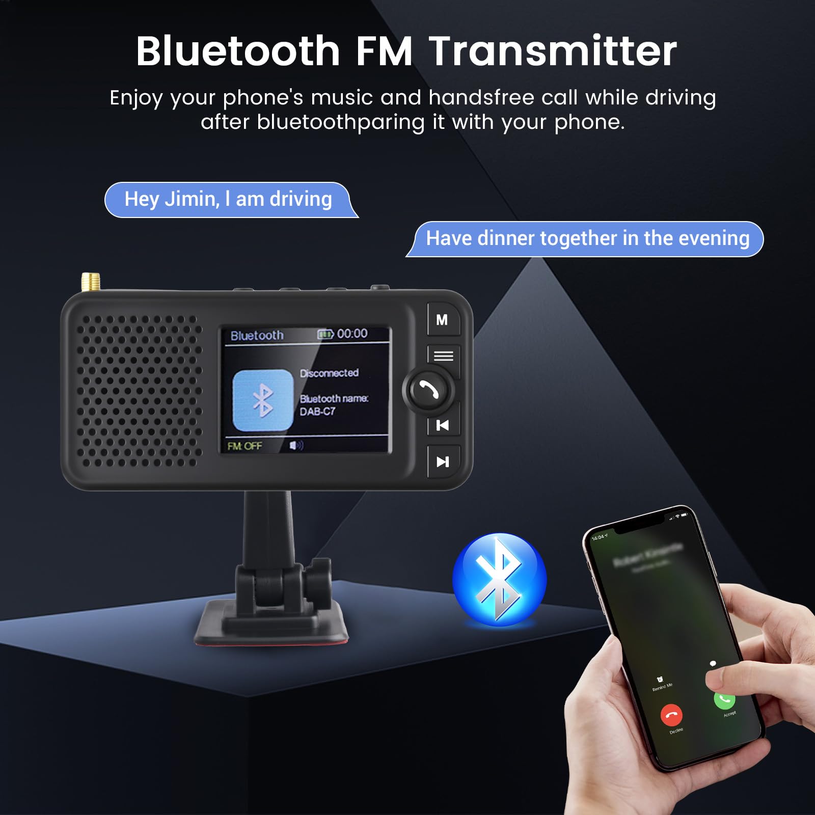 Hikity Radio samochodowe DAB/DAB+ adapter, kolorowy wyświetlacz LCD 2,4 cala + nadajnik DAB/FM + Bluetooth do odtwarzania muzyki + wejście pomocnicze / wyjście + ładowarka samochodowa