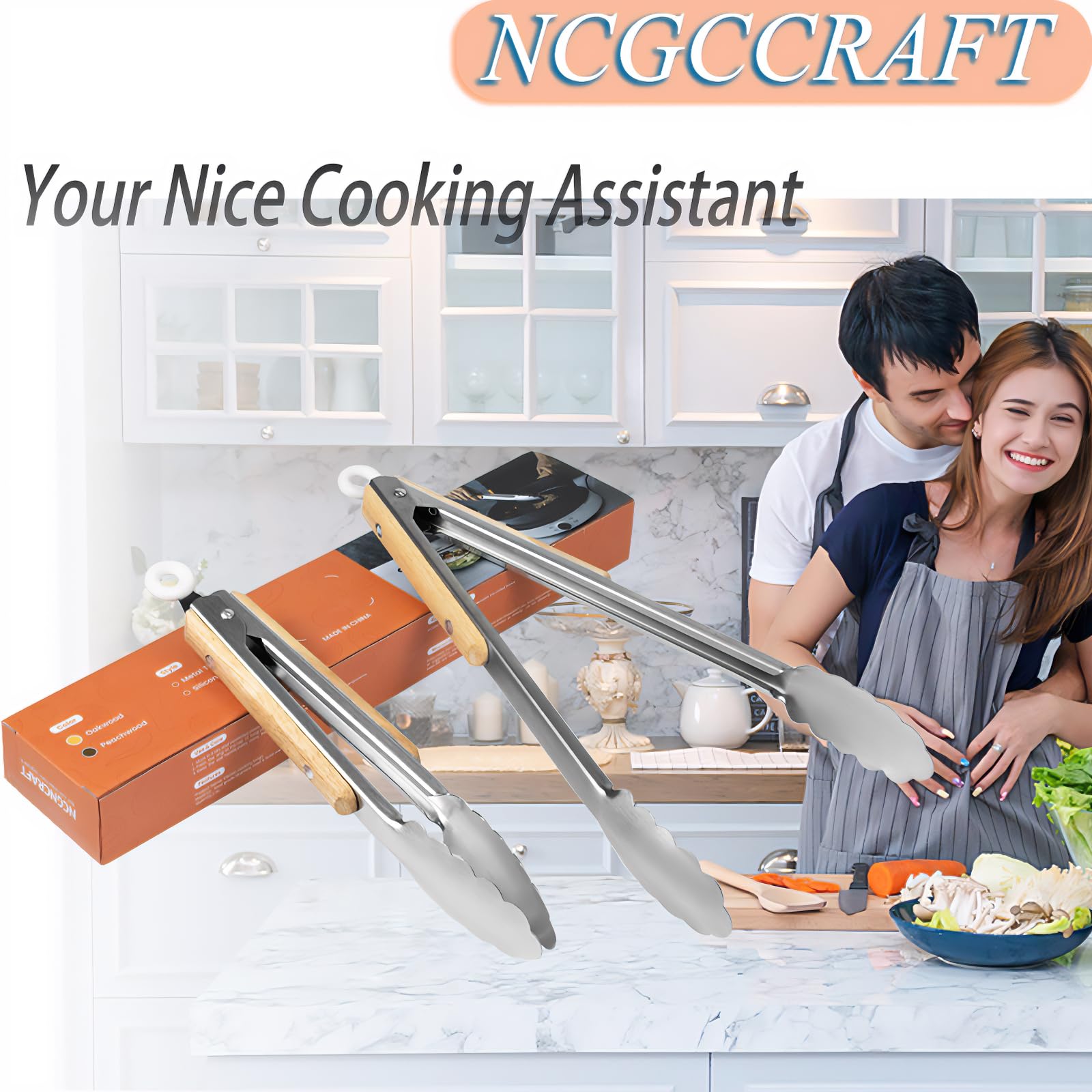 Pinzas de cocina de acero inoxidable con mango de madera de roble, resistentes al calor, pinzas de bloqueo resistentes para cocinar, barbacoa, ensalada y servir, juego de 2 (9 y 12 pulgadas), aptas 7