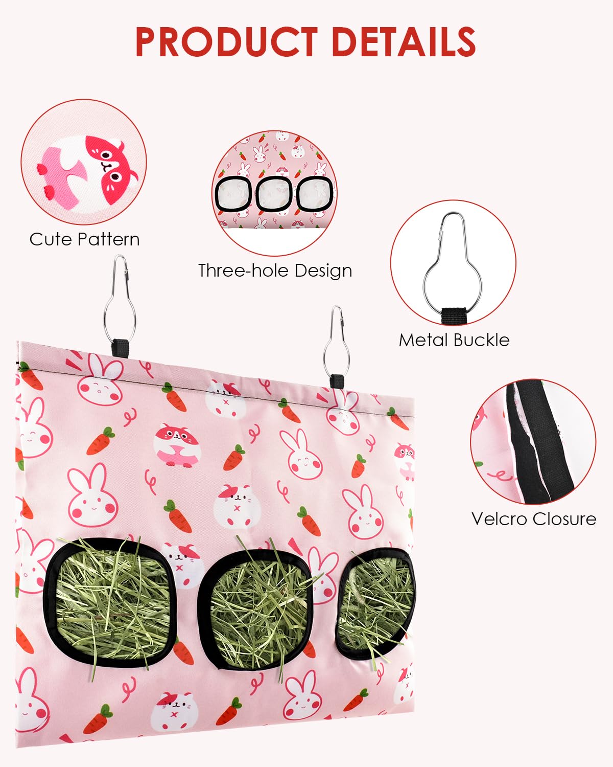 ERKOON 3-Hole Hay Bag for Rabbits & Guinea Pigs, Hanging Hay Feeder, Large-Capacity Grass Rack with Bunny & Carrot Design - Image 3