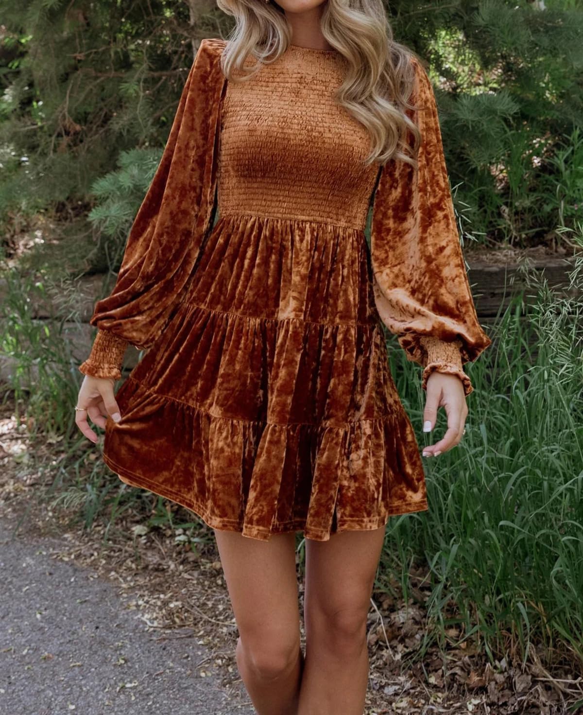 R.Vivimos Women's Fall Winter Crushed Velvet Dress Long Sleeve Crew Neck Elastic Smocked A-Line Tiered Ruffle Mini Dress - Image 3