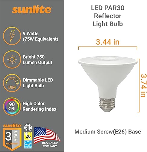 Miniatura 2 de Sunlite Foco reflector LED PAR30 41865, 9 vatios (75 W  ), 750 lúmenes, base E26 media, 90 CRI, regulable, reflector, certificado Energy Star,