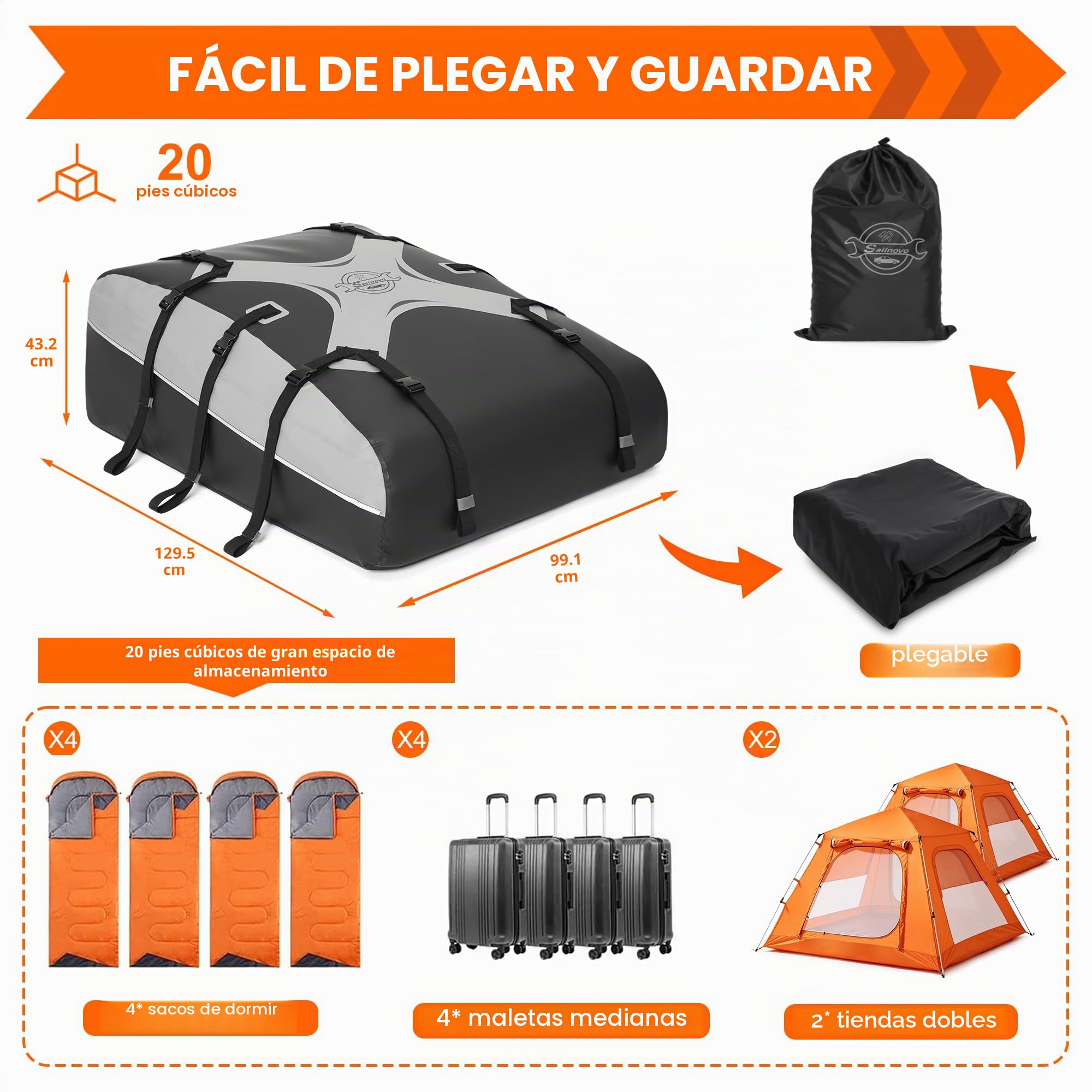 Sailnovo Cofre de Techo 580 L/20 cúbicos, Impermeable Bolsa de Techo, con 6 Ganchos con Alfombrilla Antideslizante Cerrar para Puerta, Apto para Coches sin Portaequipajes (Gris-Negro)