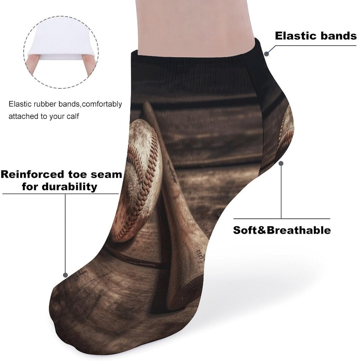 Baseball on Wooden Ankle Socks for Men Women 5 Pairs
