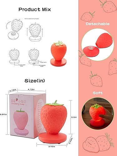 Miniatura 5 de WLHONG Pequeña Luz Nocturna Lámpara de Mesa de Fresa, Lámparas de Mesita de Noche 3 Modos Iluminación Táctil, Luces LED Lindas de Escritorio