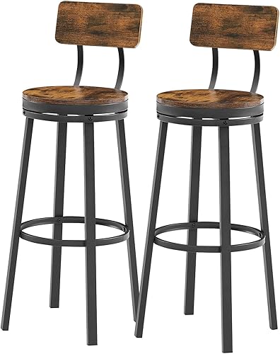 Juego de 2 taburetes de bar giratorios industriales de 29 pulgadas de alto con respaldo y asiento redondo de madera, sillas de bar de metal para