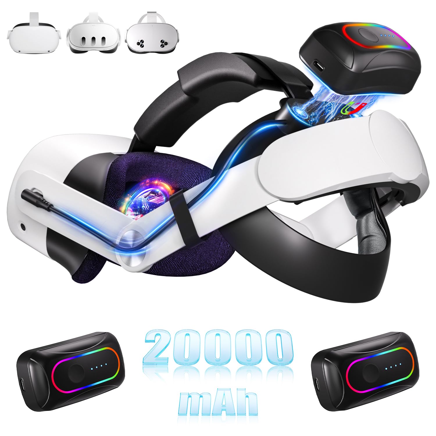 Saqico 20000mAh Dual Magnetic Battery Head Strap Compatible with Meta Oculus Quest 2/3/3S, Cool RGB Battery Pack & Easy to Replace Extend VR Playtime-Premium Comfort & Adjustable, Reduce Facial Stress