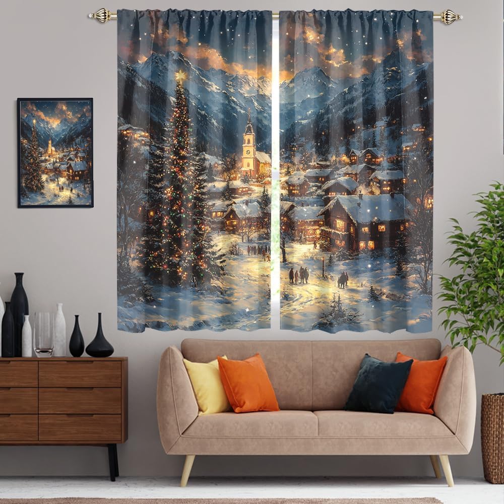 Rustic Mid Century Merry Christmas Blackout Curtains Watercolor Oil Painting Winter Snowy Christmas Tree Soft Blackout Curtains for Bedroom Living Room 2 Panels 54" L x 21" W