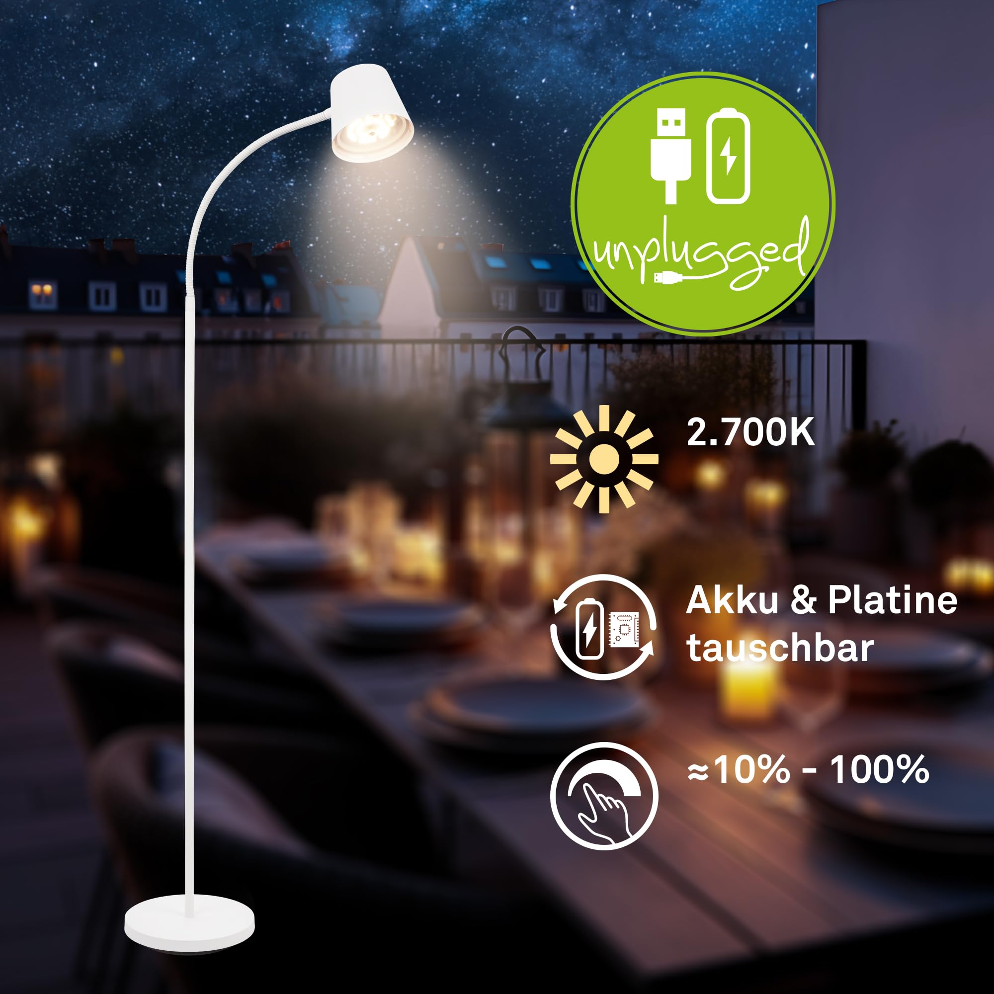 BRILONER - Lampa podłogowa LED bezprzewodowa, dotykowa, ściemniana, z wymiennym akumulatorem, lampa do czytania, salonu, uplighter, 126,5 cm, biała – maksymalna funkcjonalność