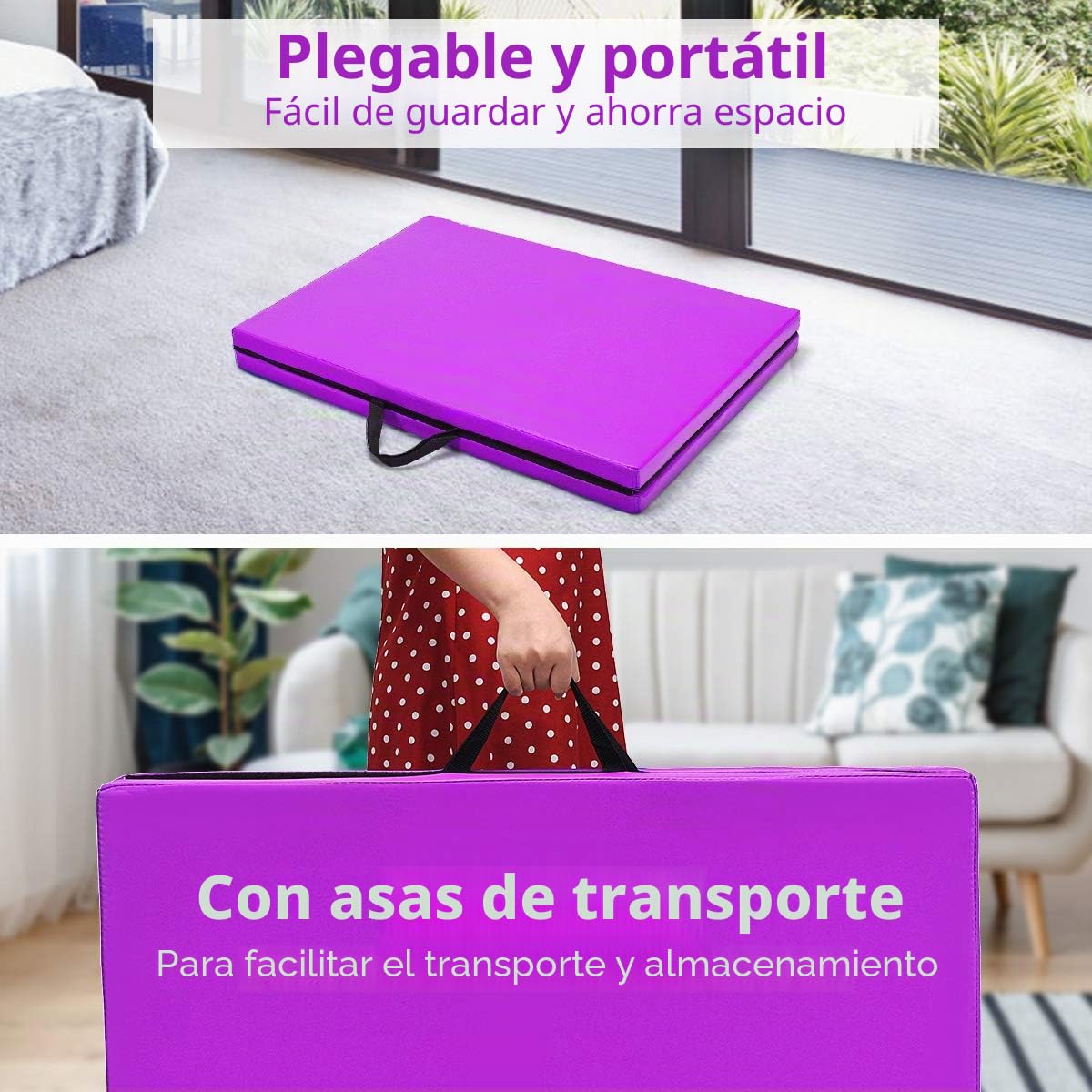 GYMAX Esterilla de Entrenamiento Plegable, 180 x 60 x 4 cm, con Asa, Esterilla de Fitness, Alfombrilla de Suelo Blando con Superficie de Poliuretano y Espuma, para Gimnasia, Yoga y Pilates (Púrpura)