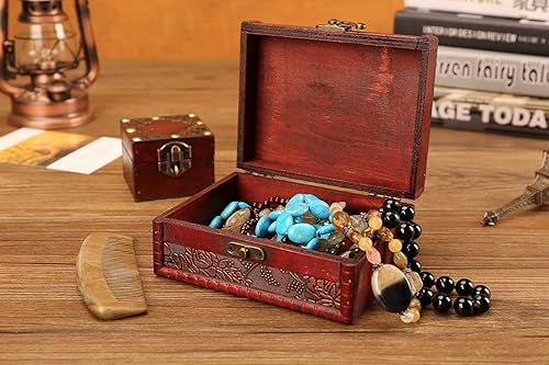 Miniatura 5 de Caja organizadora de joyas decorativa antigua con mini cerradura de metal para almacenar anillos de bisutería, aretes, caja de recuerdo de madera
